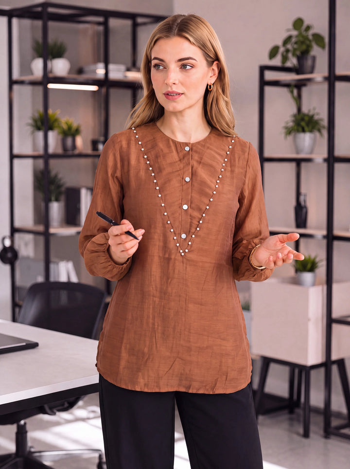 Brown Mul Chanderi Puff Sleeve Style Shirt