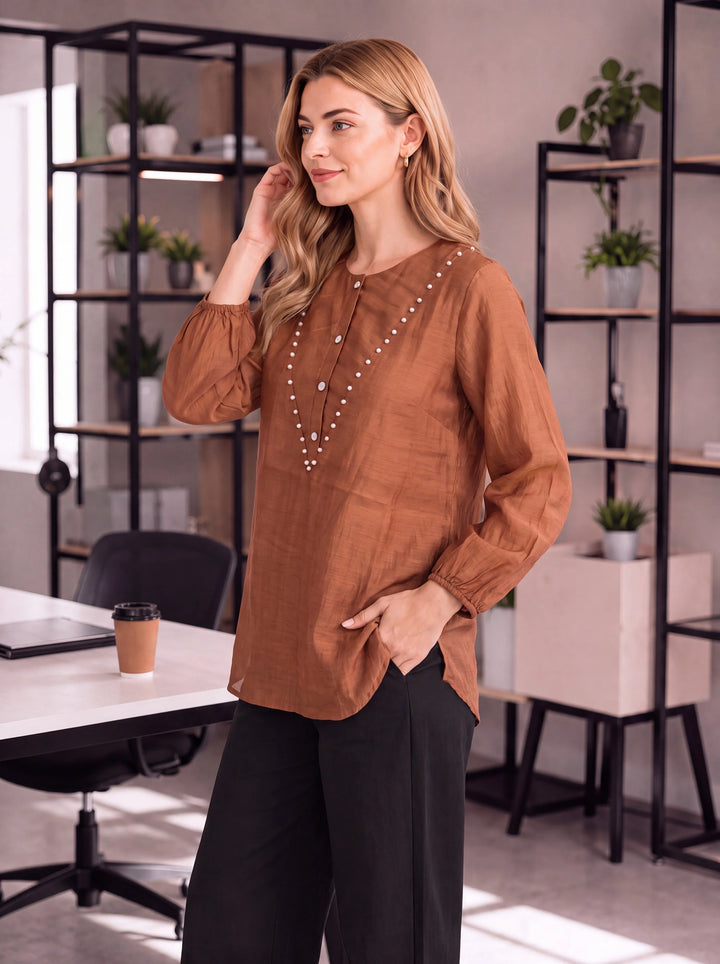 Brown Mul Chanderi Puff Sleeve Style Shirt