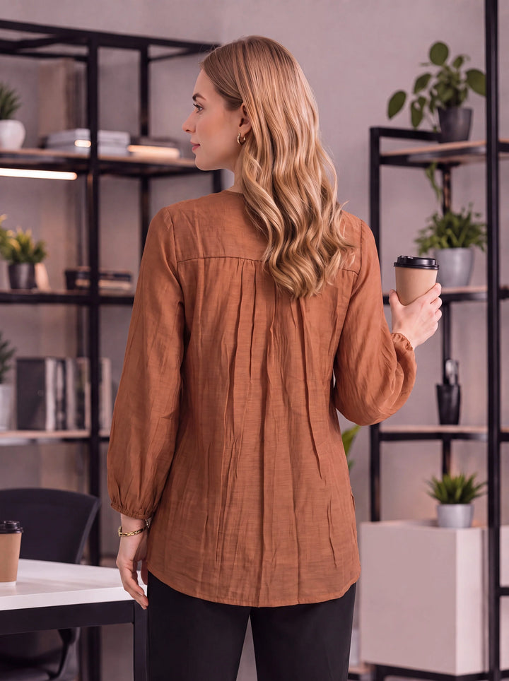 Brown Mul Chanderi Puff Sleeve Style Shirt