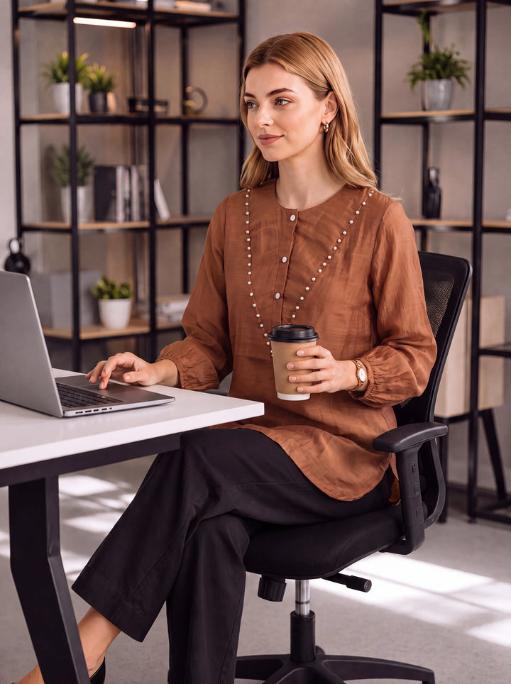 Brown Mul Chanderi Puff Sleeve Style Shirt