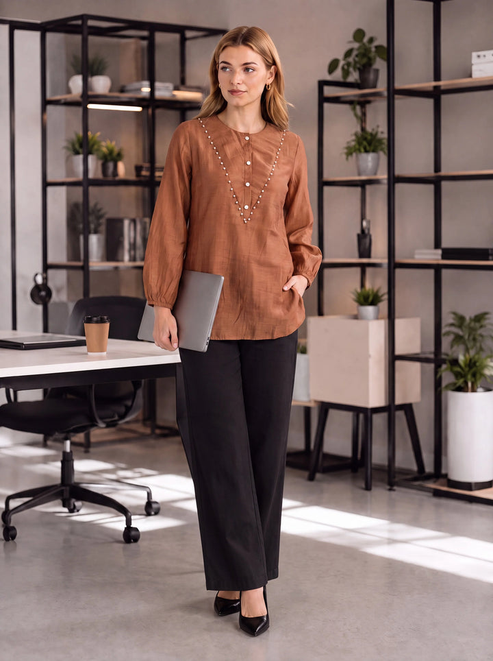 Brown Mul Chanderi Puff Sleeve Style Shirt