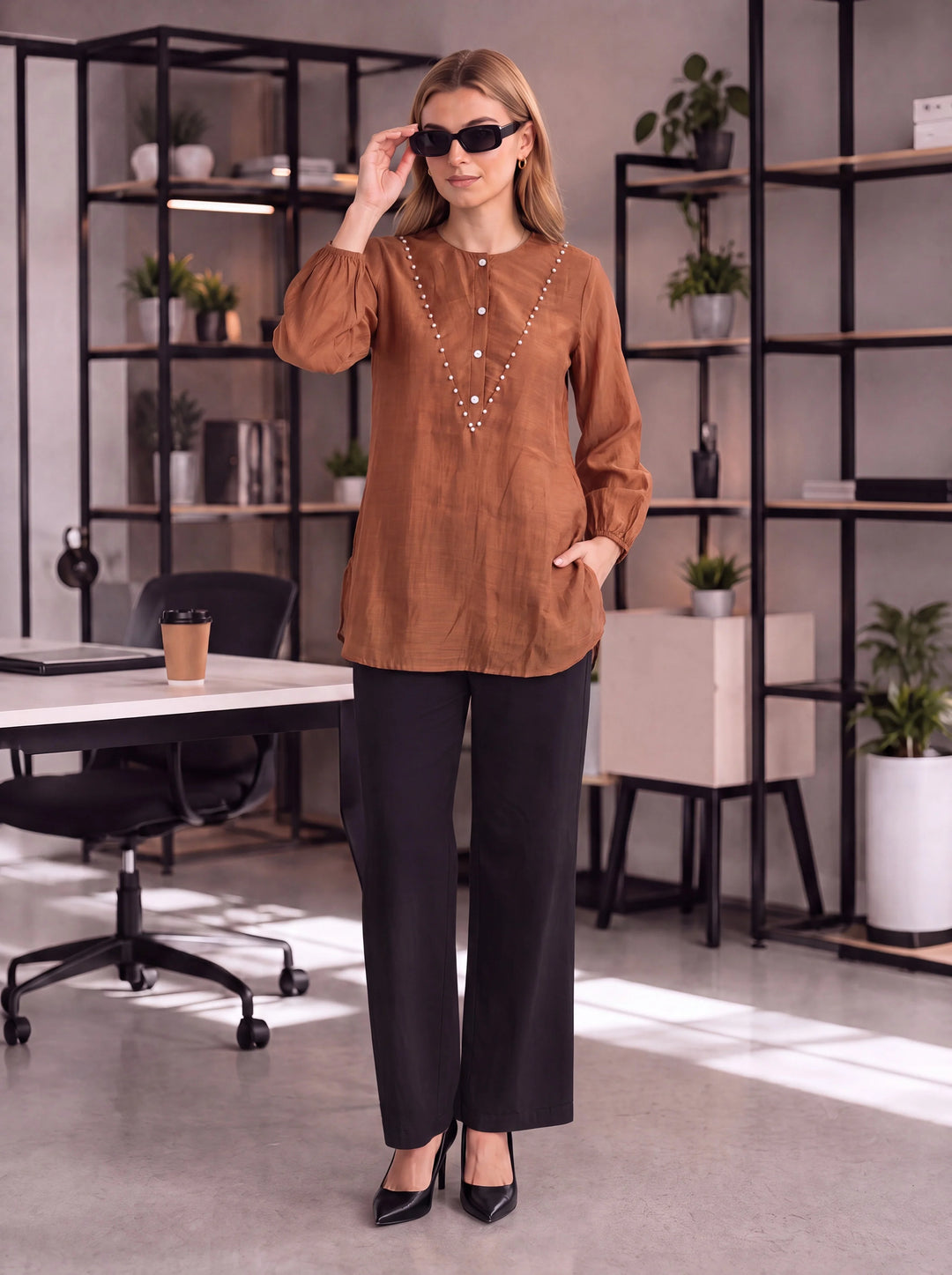Brown Mul Chanderi Puff Sleeve Style Shirt