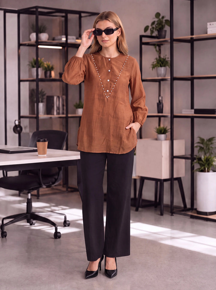 Brown Mul Chanderi Puff Sleeve Style Shirt