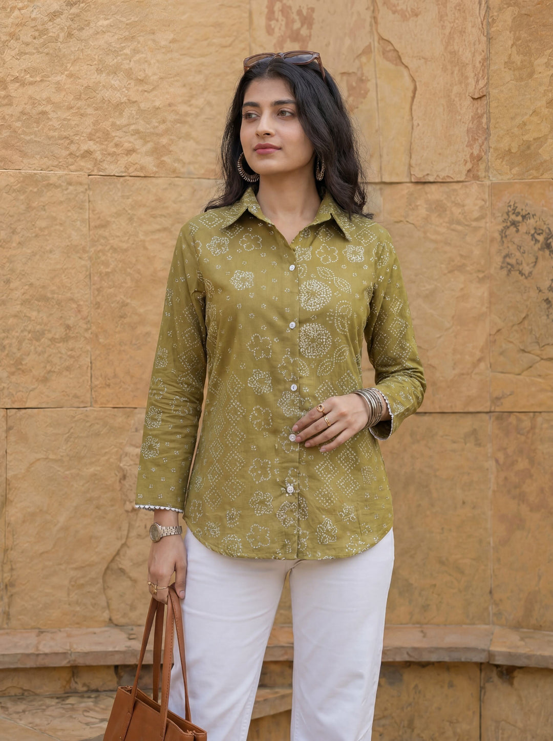 Green Cotton Bhandhej Shirt