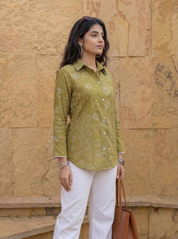 Green Cotton Bhandhej Shirt