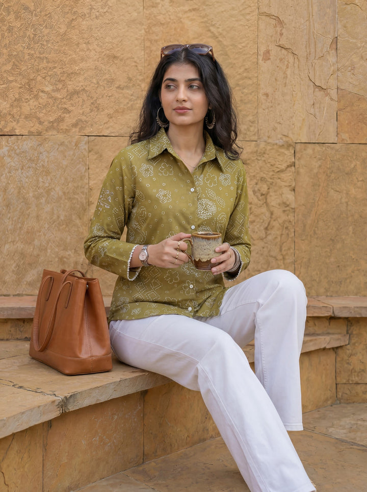 Green Cotton Bhandhej Shirt