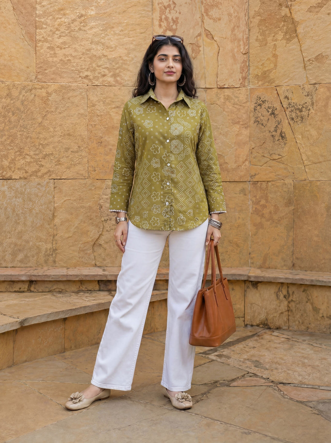 Green Cotton Bhandhej Shirt
