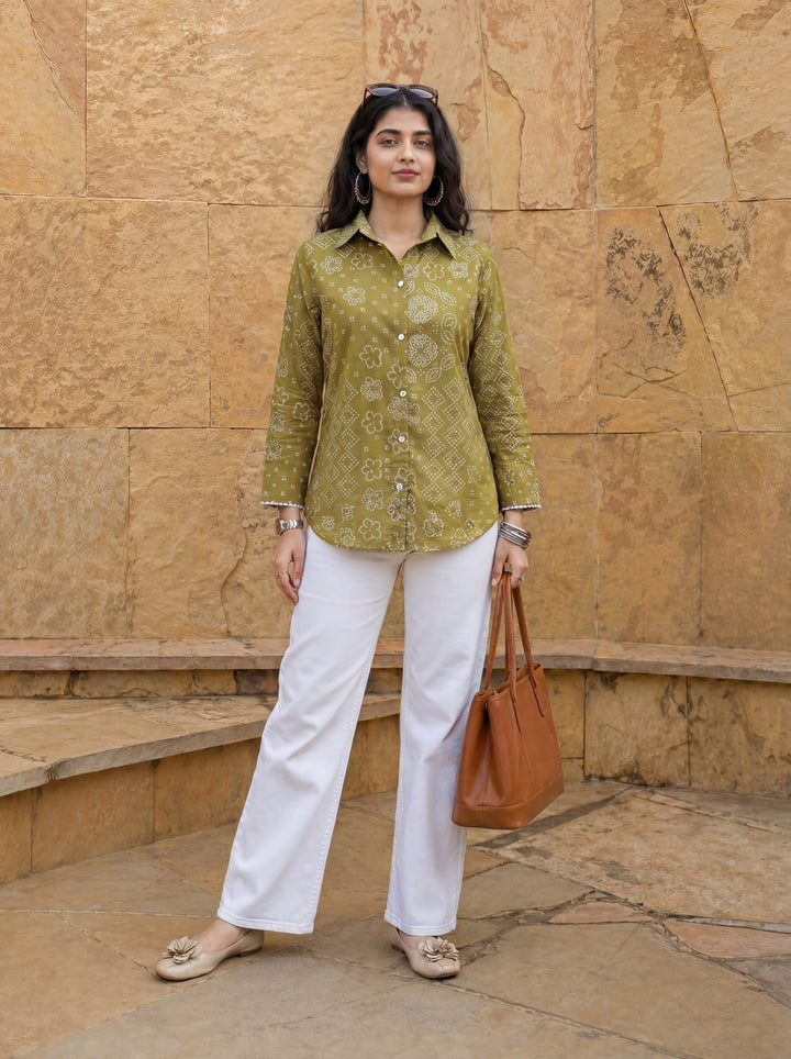 Green Cotton Bhandhej Shirt