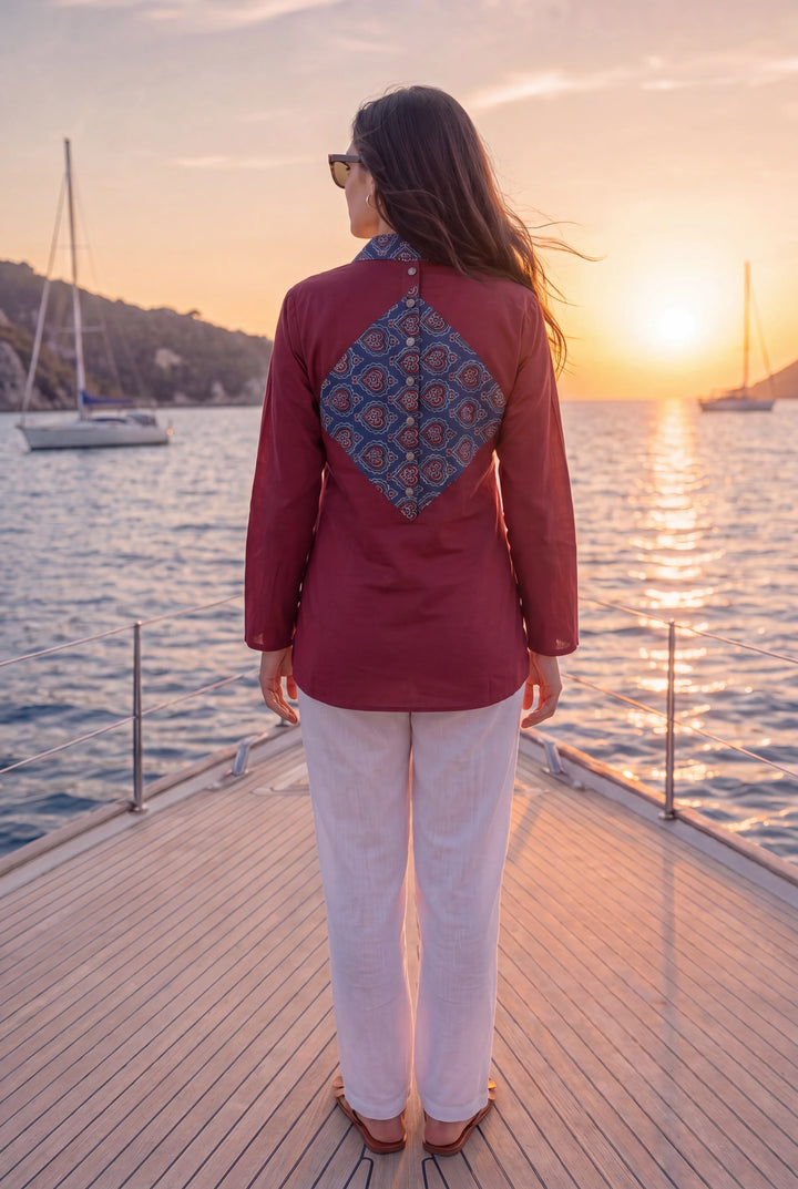 Maroon Cotton Patch Work Shirt