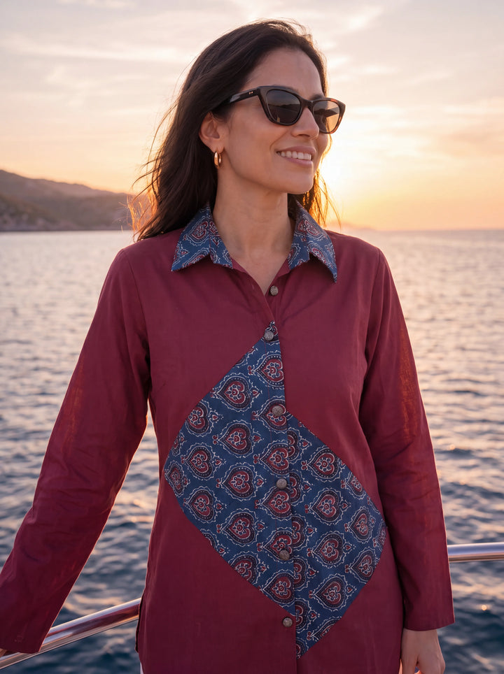 Maroon Cotton Patch Work Shirt