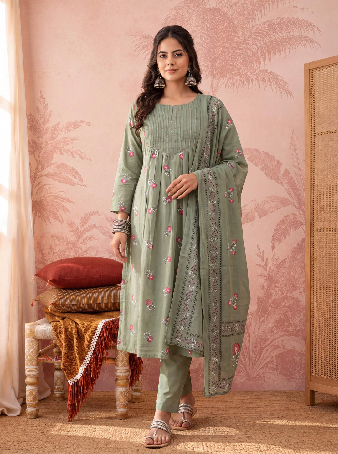 Green Cotton Floral Print Anarkali Kurta Dupatta Pant Set