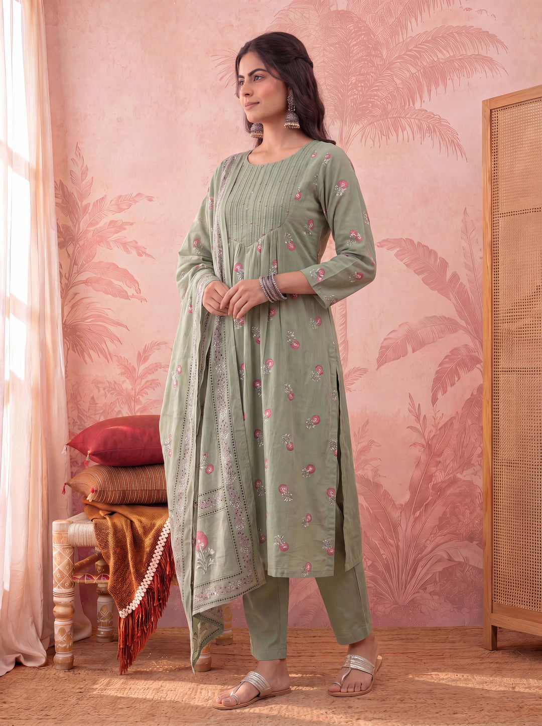 Green Cotton Floral Print Anarkali Kurta Dupatta Pant Set