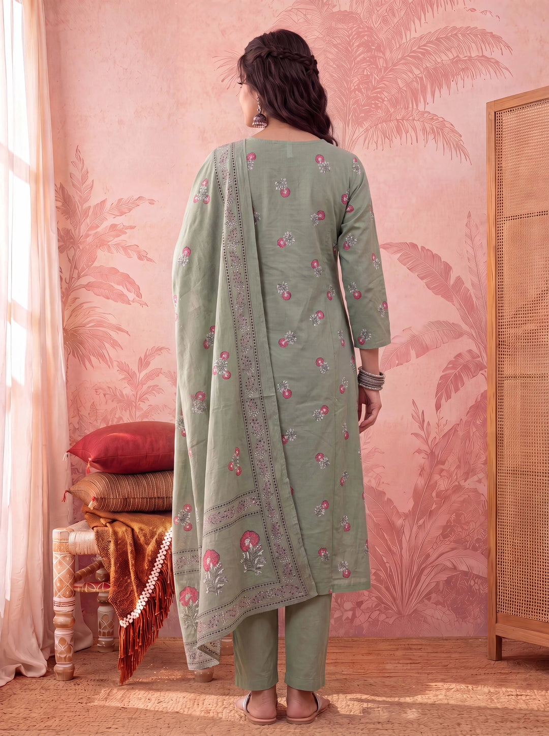 Green Cotton Floral Print Anarkali Kurta Dupatta Pant Set