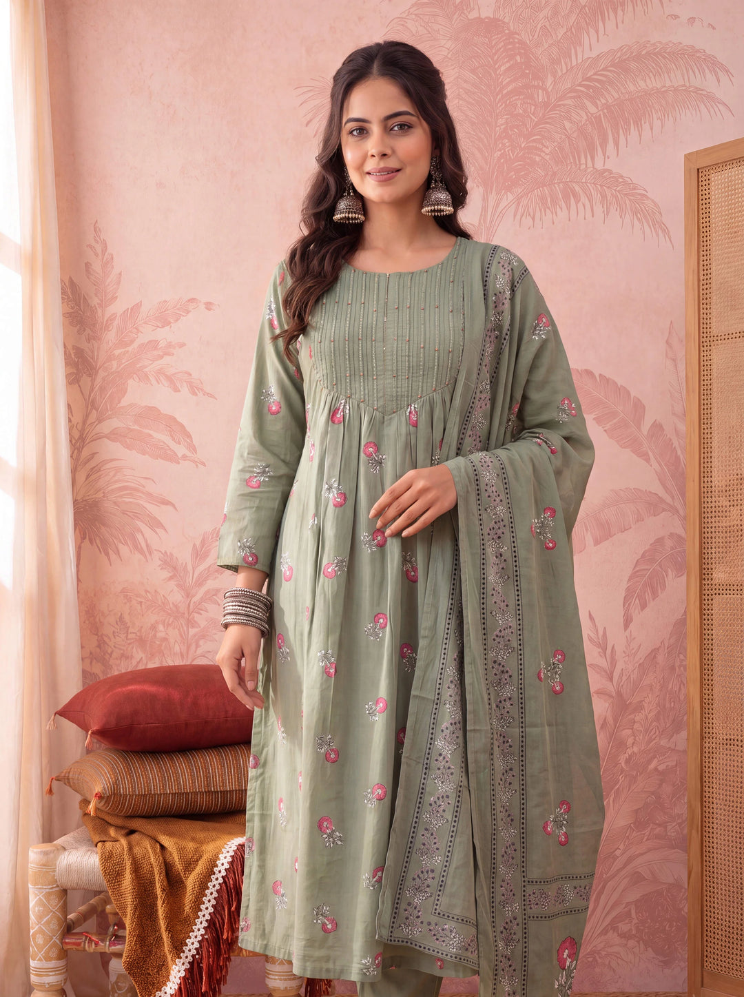 Green Cotton Floral Print Anarkali Kurta Dupatta Pant Set