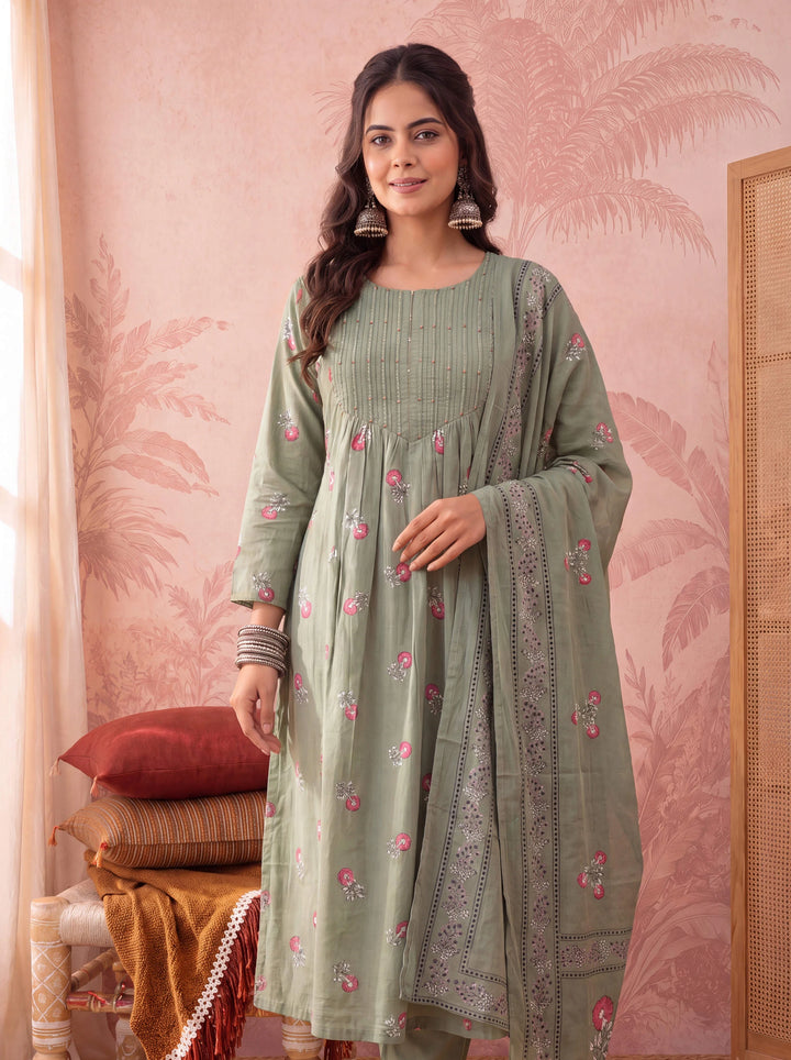 Green Cotton Floral Print Anarkali Kurta Dupatta Pant Set