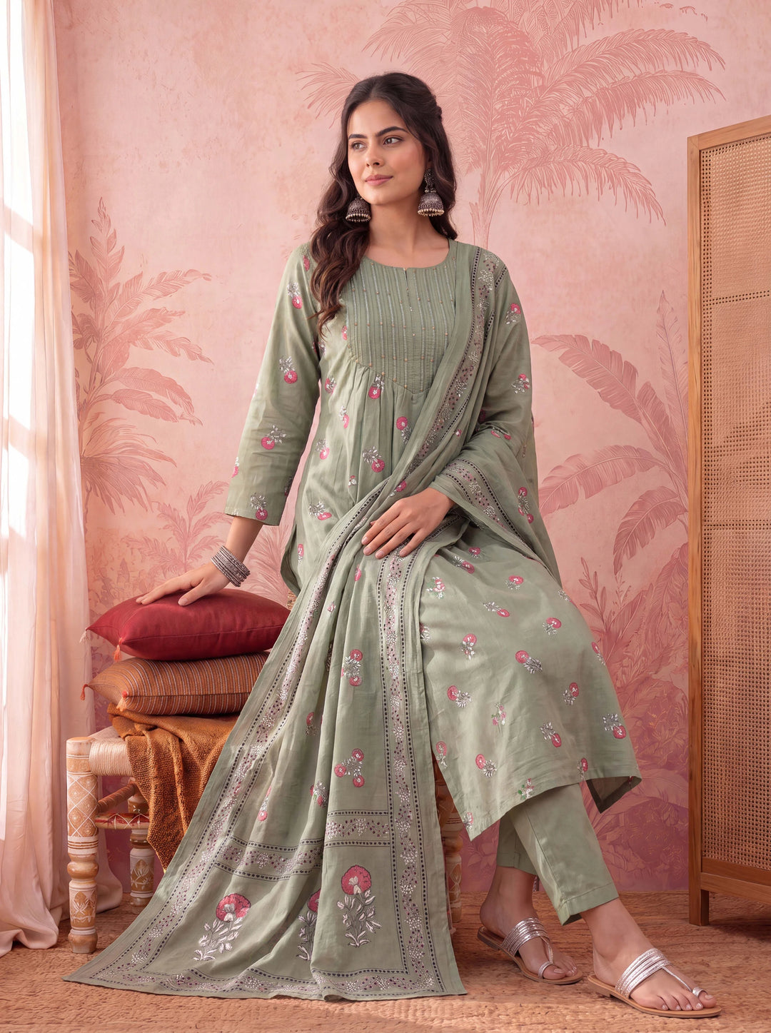 Green Cotton Floral Print Anarkali Kurta Dupatta Pant Set
