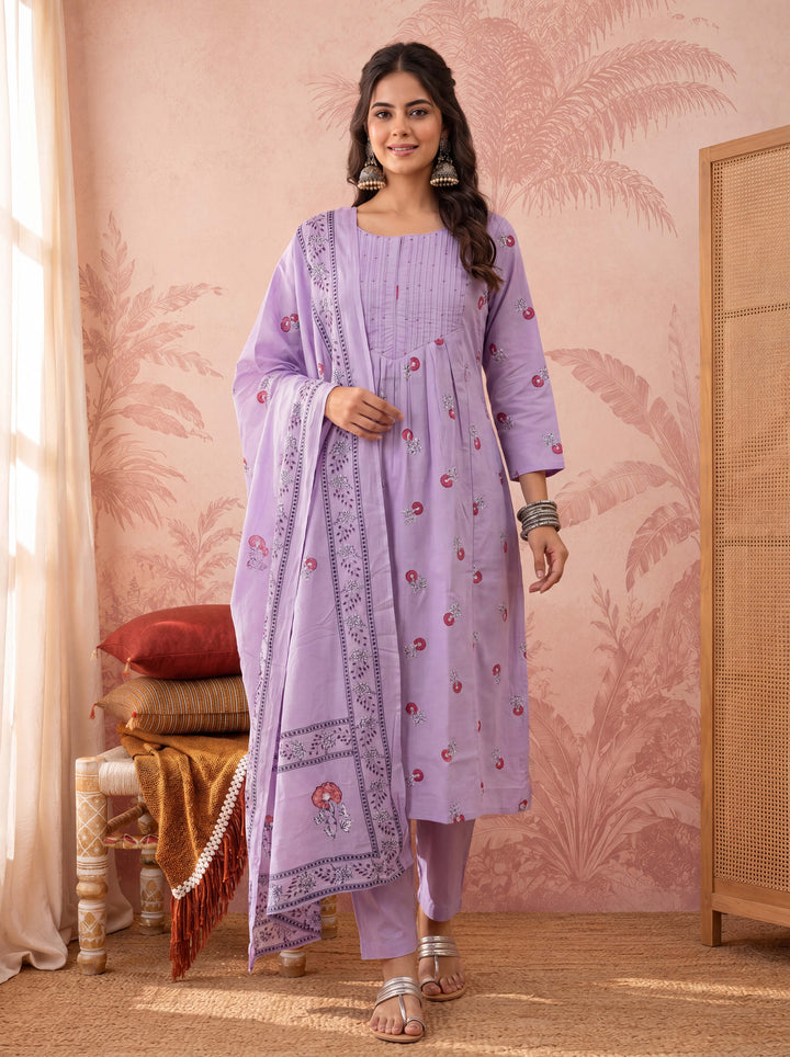 Lavender Cotton Floral Print Anarkali Kurta Dupatta Pant Set