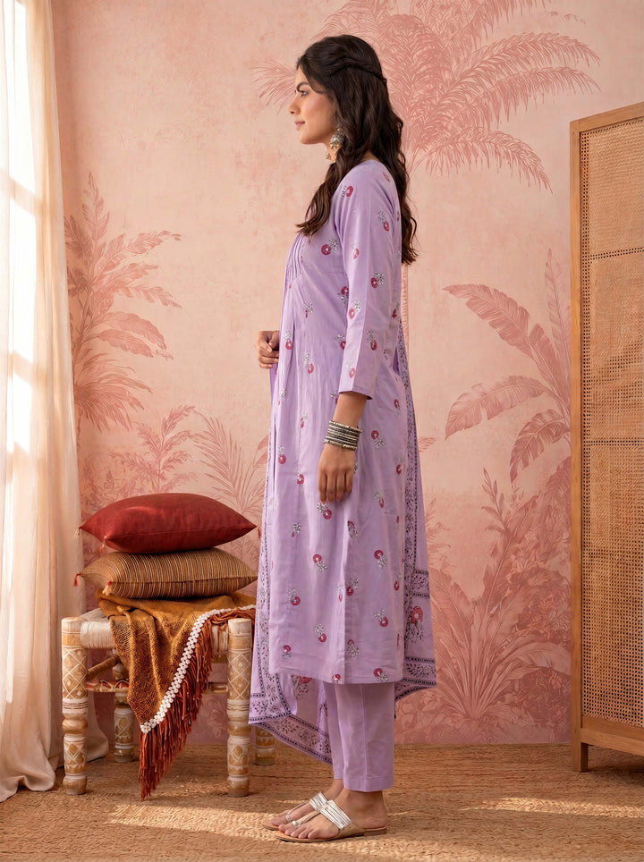 Lavender Cotton Floral Print Anarkali Kurta Dupatta Pant Set