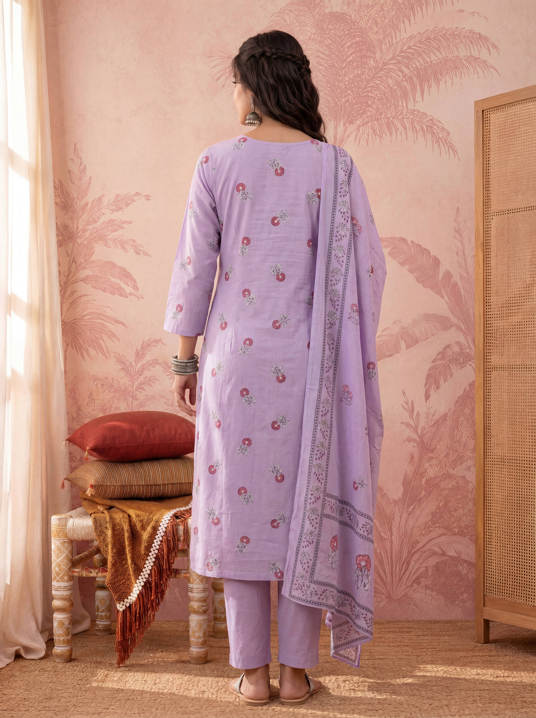 Lavender Cotton Floral Print Anarkali Kurta Dupatta Pant Set