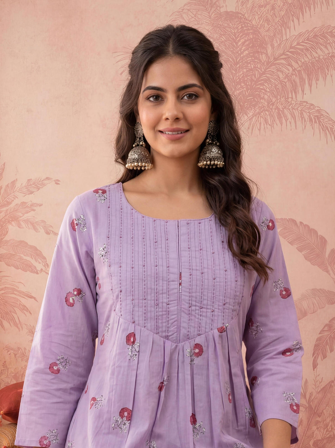 Lavender Cotton Floral Print Anarkali Kurta Dupatta Pant Set