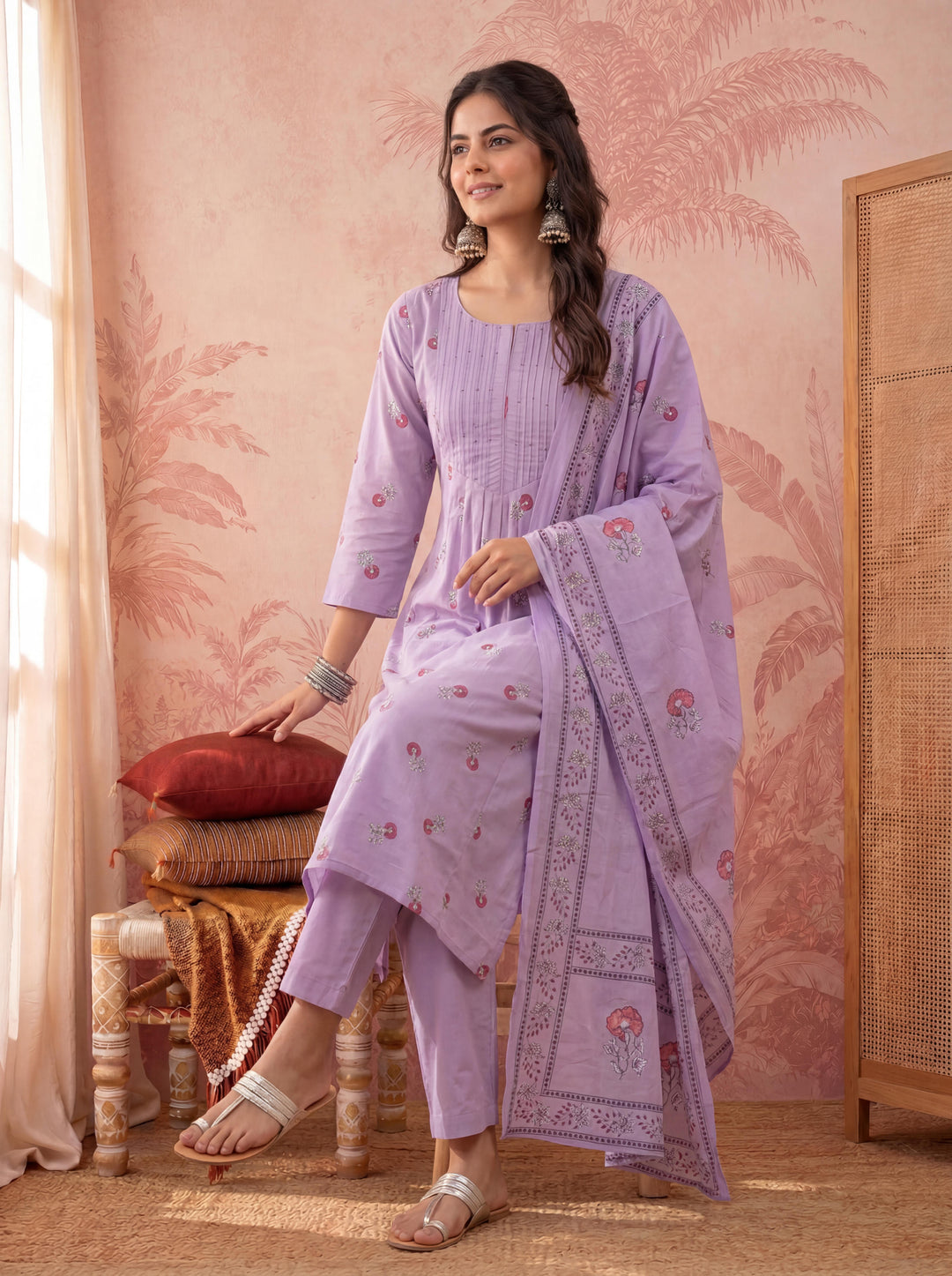 Lavender Cotton Floral Print Anarkali Kurta Dupatta Pant Set
