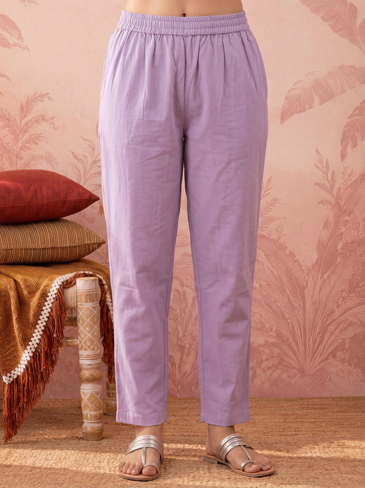 Lavender Cotton Floral Print Anarkali Kurta Dupatta Pant Set