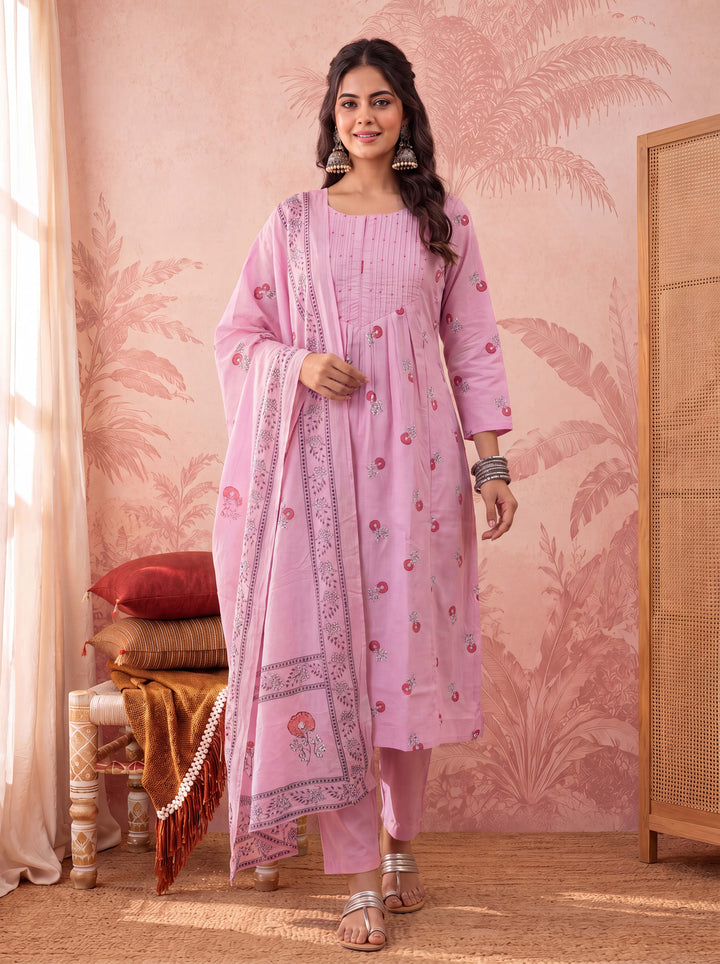 Pink Cotton Floral Print Anarkali Kurta Dupatta Pant Set