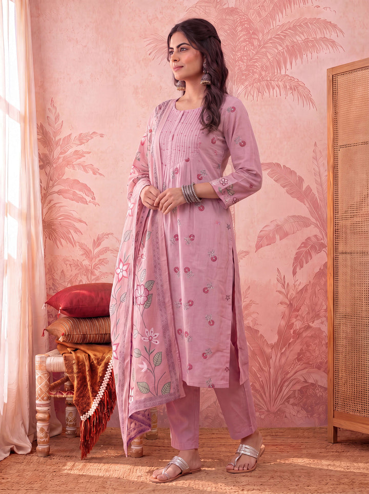 Pink Cotton Floral Print Anarkali Kurta Dupatta Pant Set