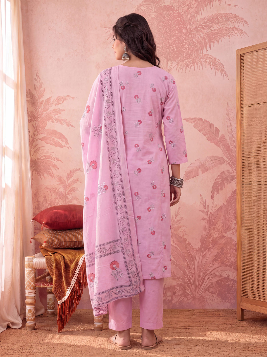Pink Cotton Floral Print Anarkali Kurta Dupatta Pant Set