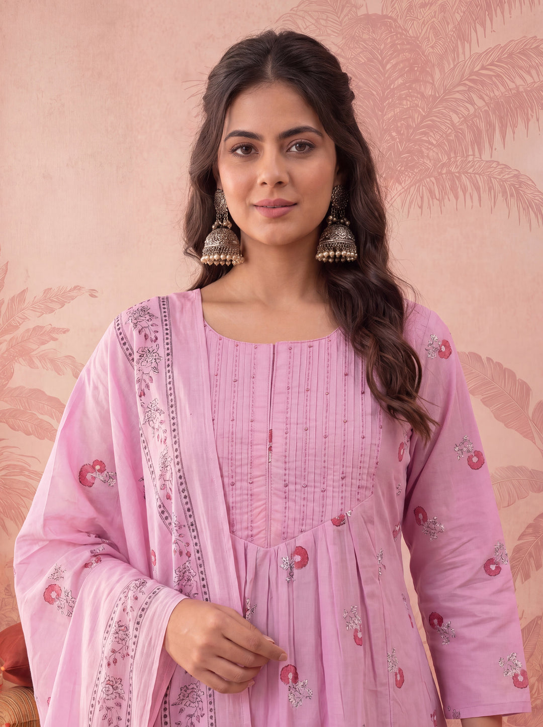 Pink Cotton Floral Print Anarkali Kurta Dupatta Pant Set