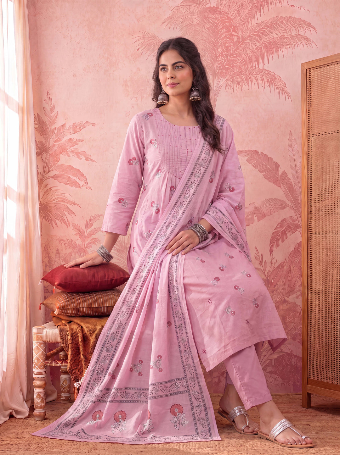 Pink Cotton Floral Print Anarkali Kurta Dupatta Pant Set