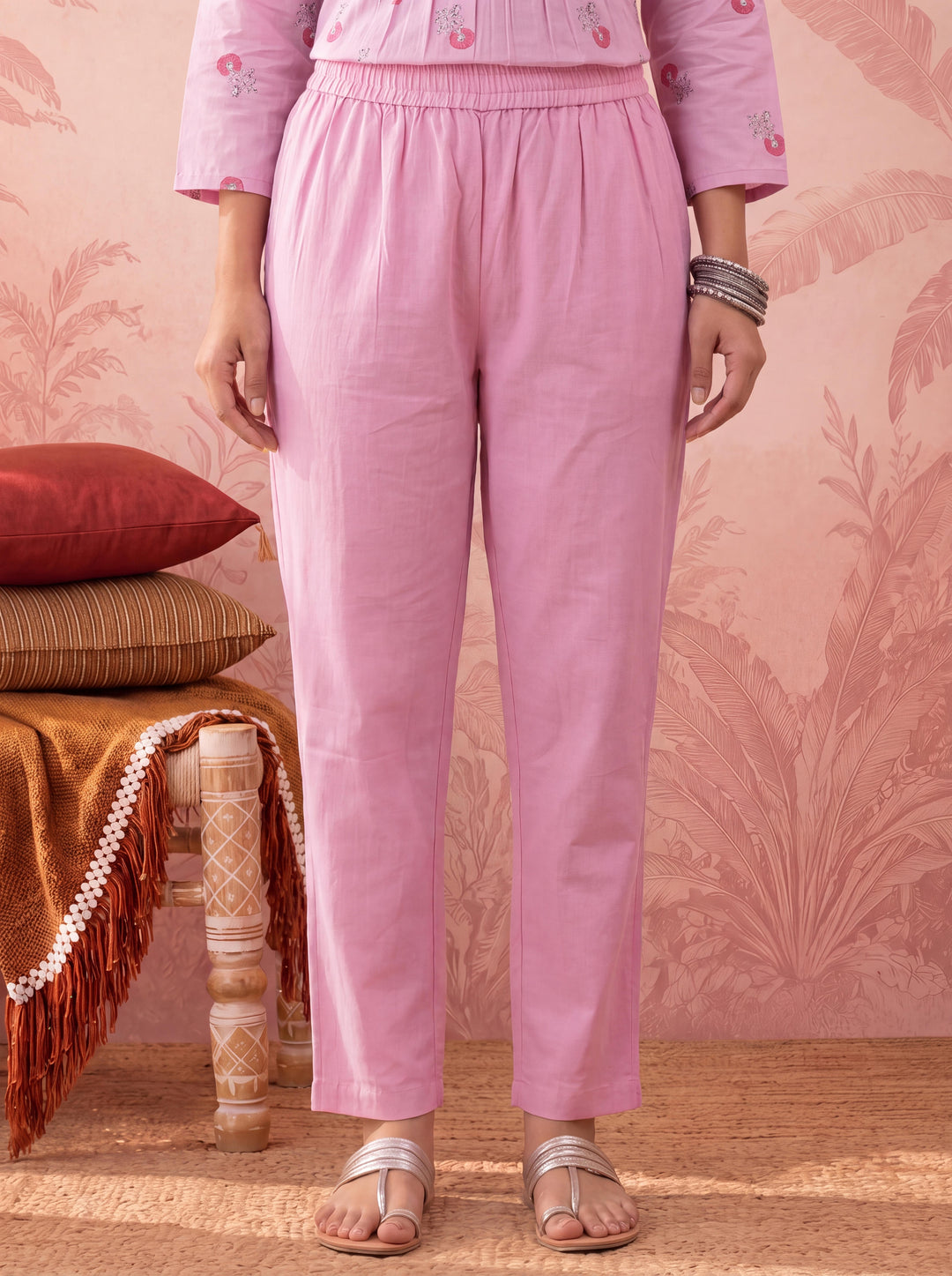 Pink Cotton Floral Print Anarkali Kurta Dupatta Pant Set