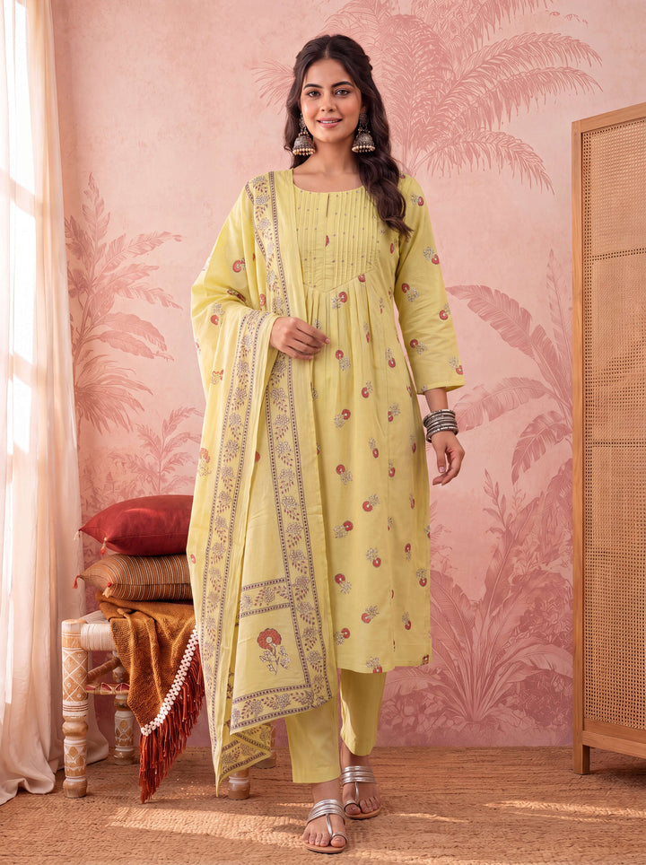 Yellow Cotton Floral Print Anarkali Kurta Dupatta Pant Set