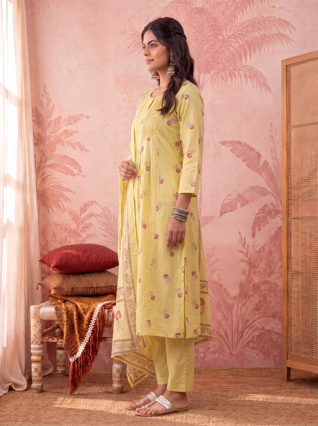 Yellow Cotton Floral Print Anarkali Kurta Dupatta Pant Set