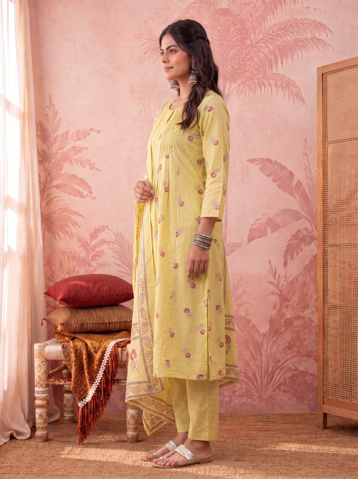 Yellow Cotton Floral Print Anarkali Kurta Dupatta Pant Set