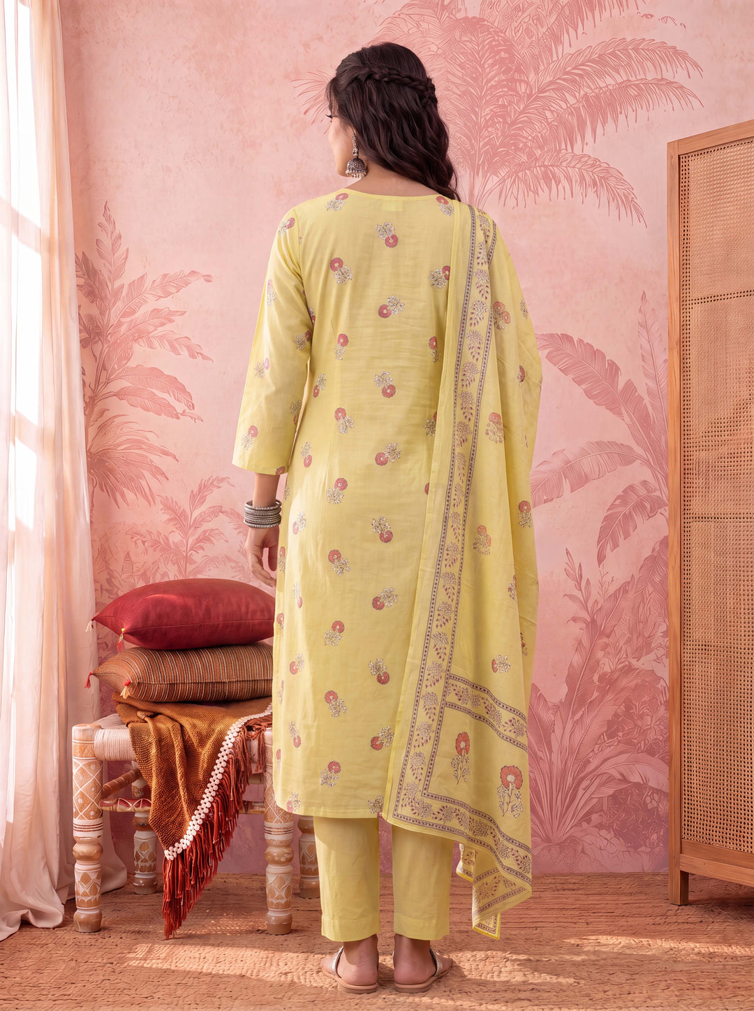 Yellow Cotton Floral Print Anarkali Kurta Dupatta Pant Set