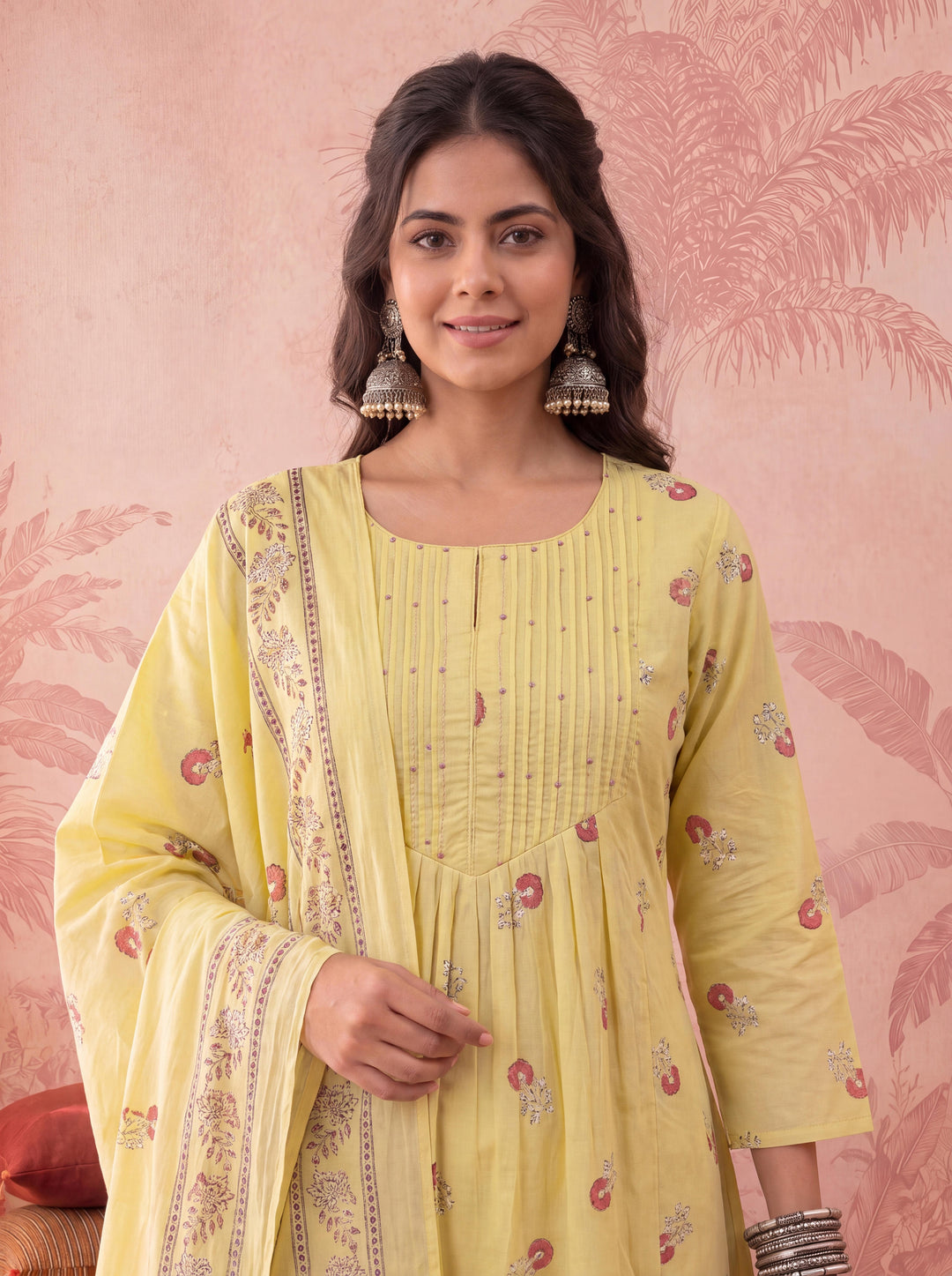 Yellow Cotton Floral Print Anarkali Kurta Dupatta Pant Set