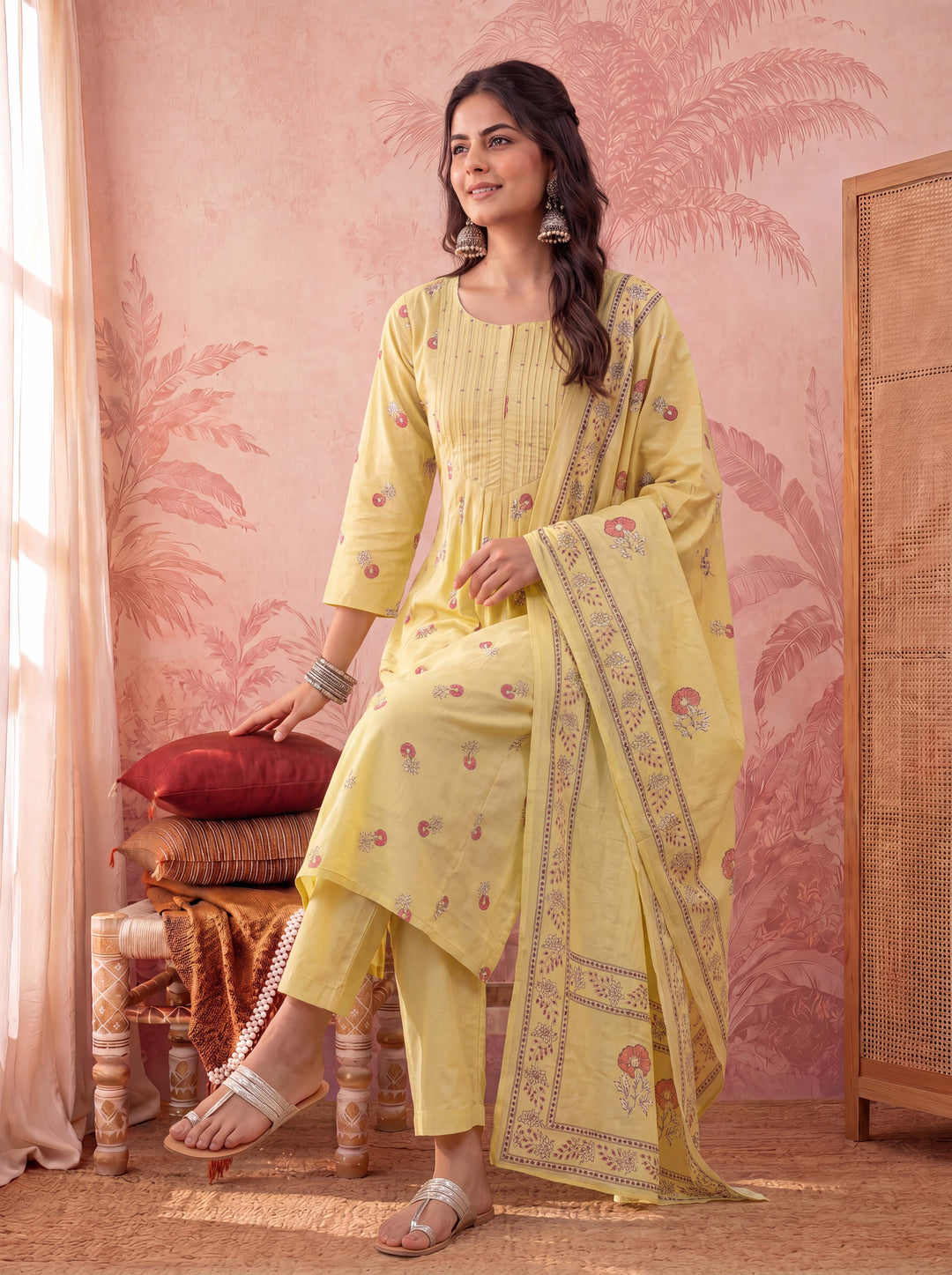 Yellow Cotton Floral Print Anarkali Kurta Dupatta Pant Set