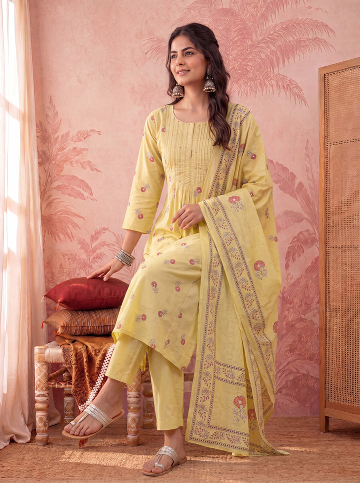 Yellow Cotton Floral Print Anarkali Kurta Dupatta Pant Set