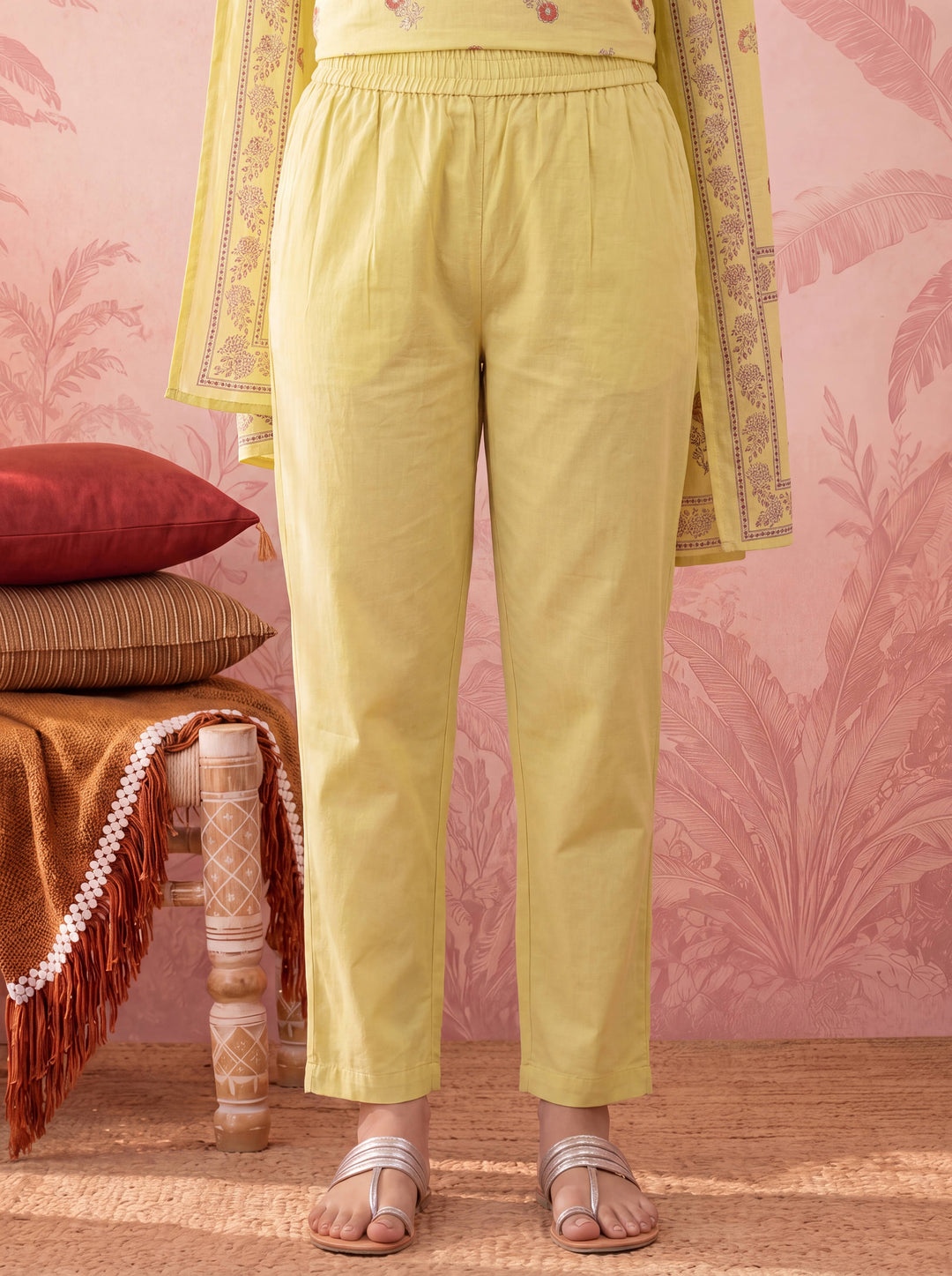 Yellow Cotton Floral Print Anarkali Kurta Dupatta Pant Set