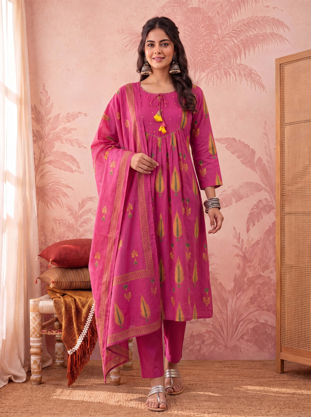 Pink Cotton Kantha Work Sequins Work Anarkali Kurta Dupatta Pant Set