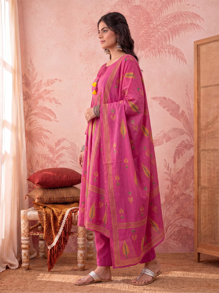 Pink Cotton Kantha Work Sequins Work Anarkali Kurta Dupatta Pant Set
