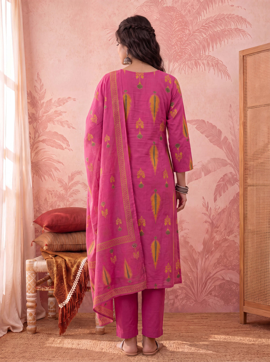 Pink Cotton Kantha Work Sequins Work Anarkali Kurta Dupatta Pant Set