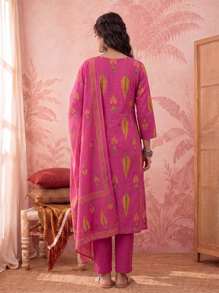Pink Cotton Kantha Work Sequins Work Anarkali Kurta Dupatta Pant Set