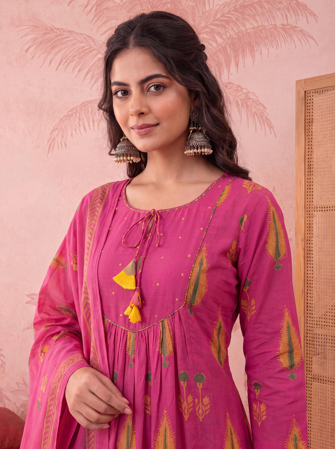 Pink Cotton Kantha Work Sequins Work Anarkali Kurta Dupatta Pant Set