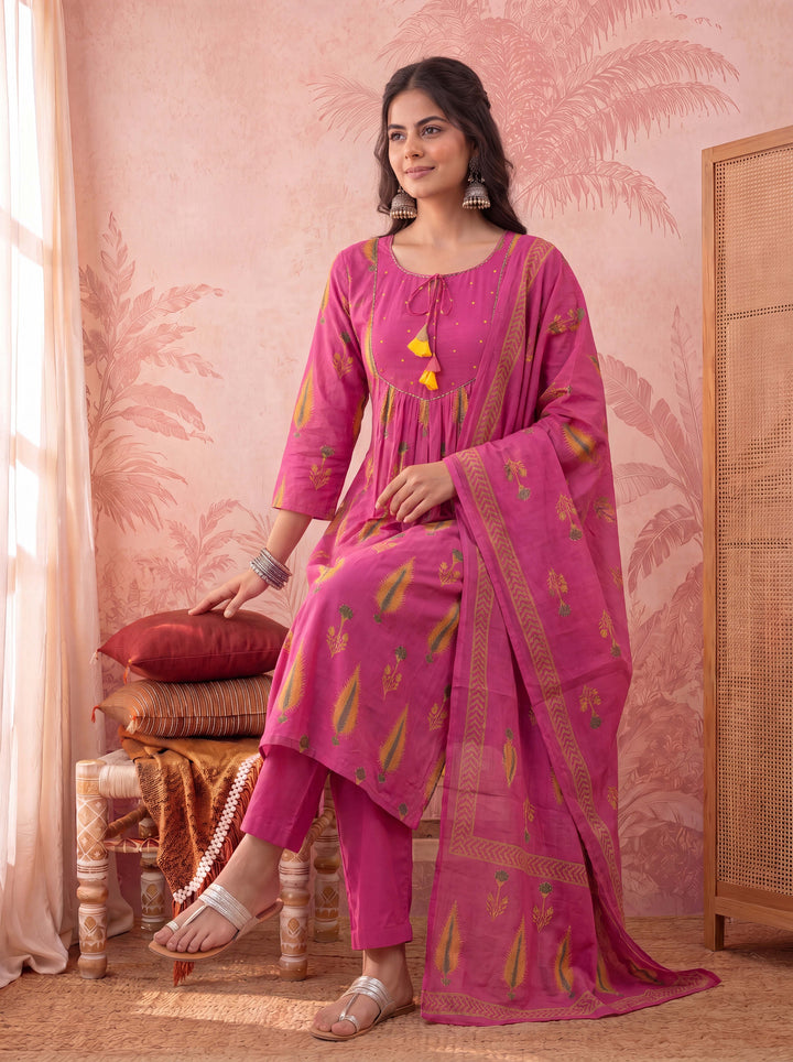 Pink Cotton Kantha Work Sequins Work Anarkali Kurta Dupatta Pant Set