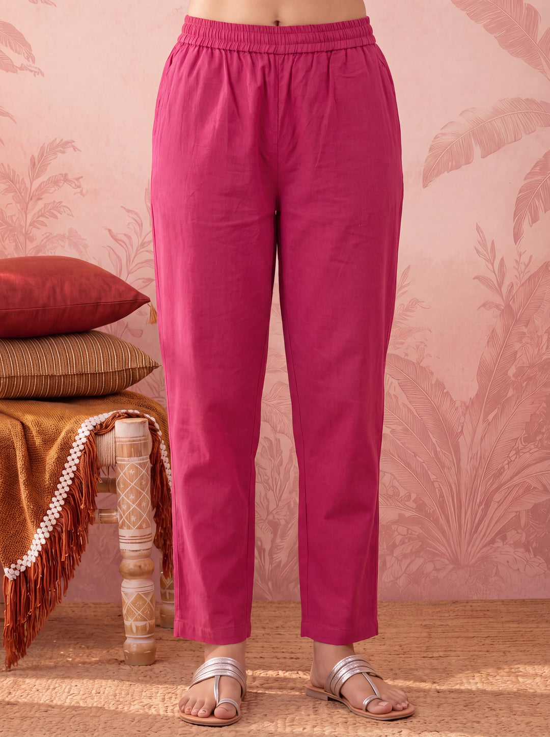 Pink Cotton Kantha Work Sequins Work Anarkali Kurta Dupatta Pant Set