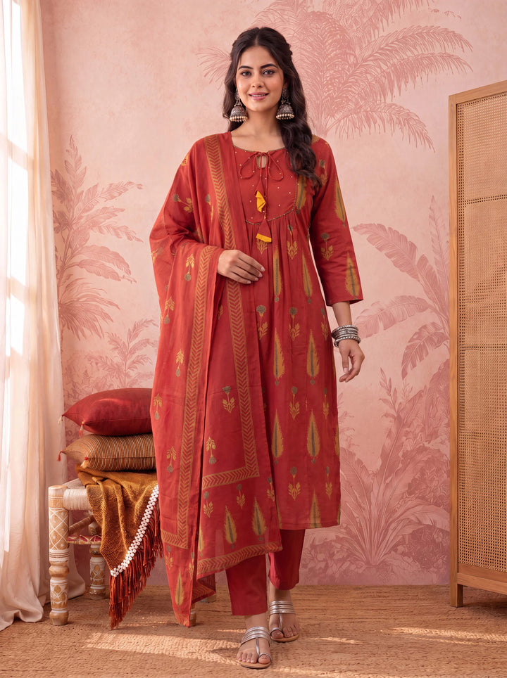 Rust Cotton Kantha Work Sequins Work Anarkali Kurta Dupatta Pant Set