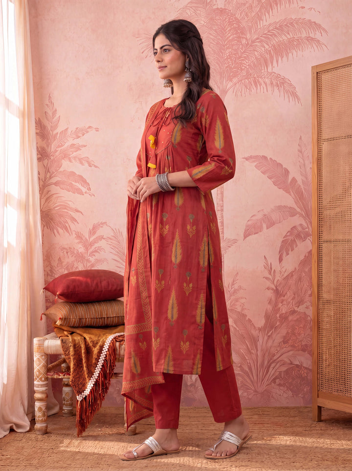Rust Cotton Kantha Work Sequins Work Anarkali Kurta Dupatta Pant Set
