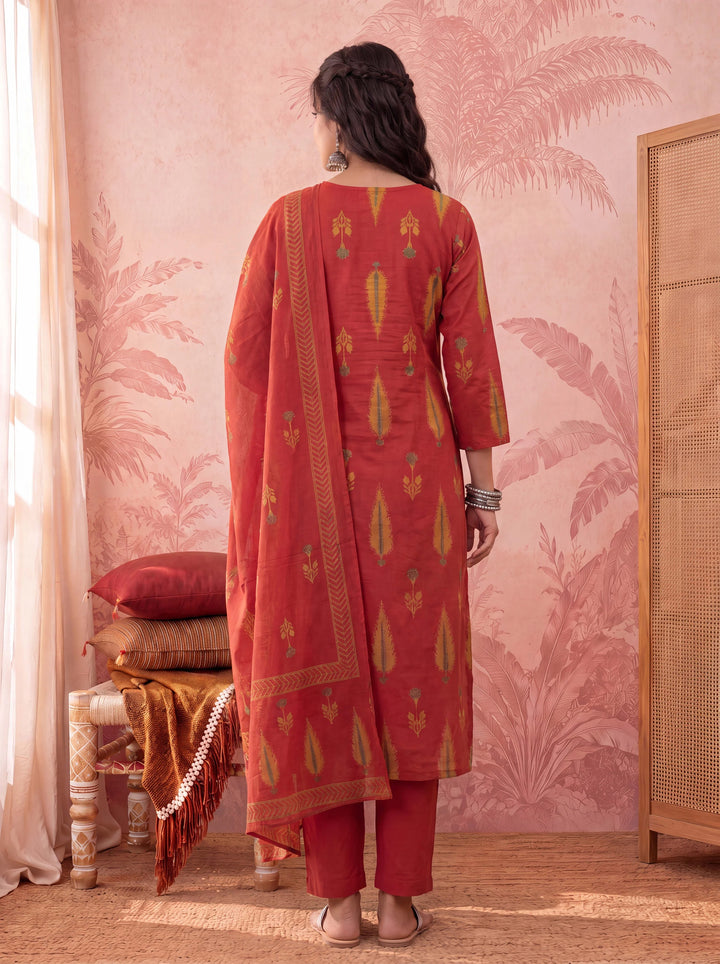 Rust Cotton Kantha Work Sequins Work Anarkali Kurta Dupatta Pant Set